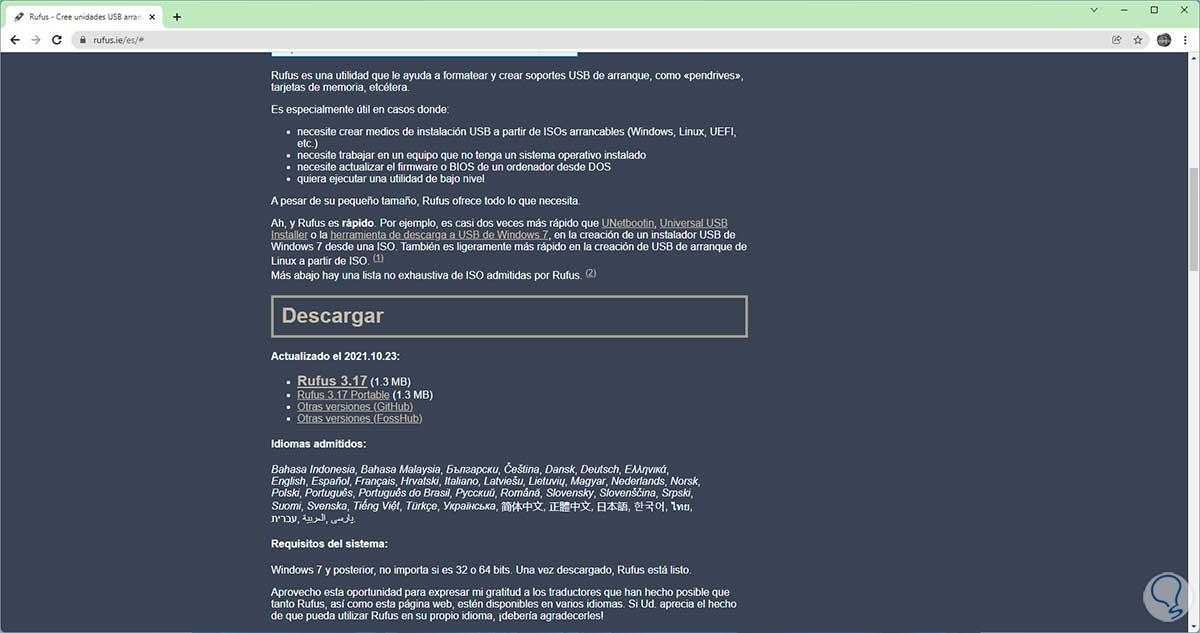 Descargar Rufus desde su web oficial