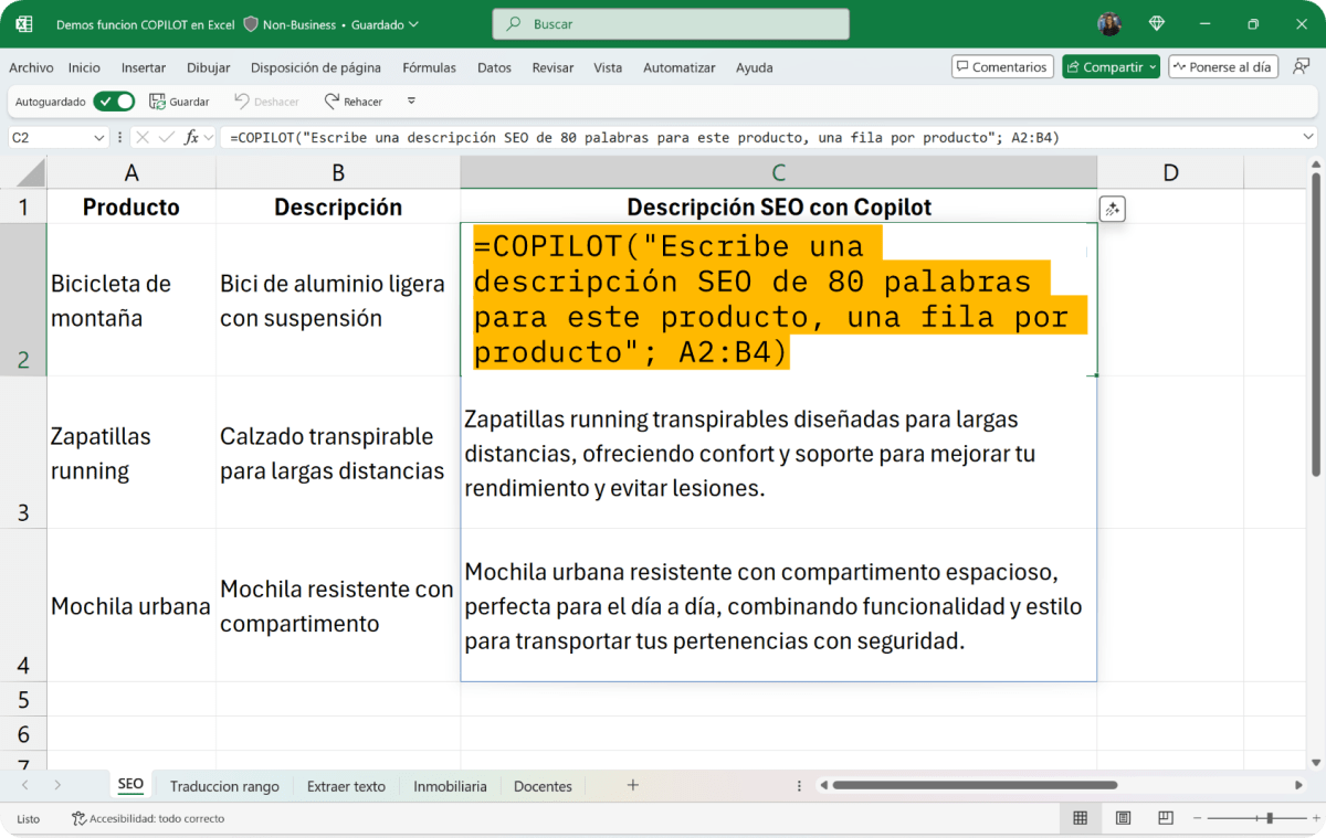 función Copilot() de Excel