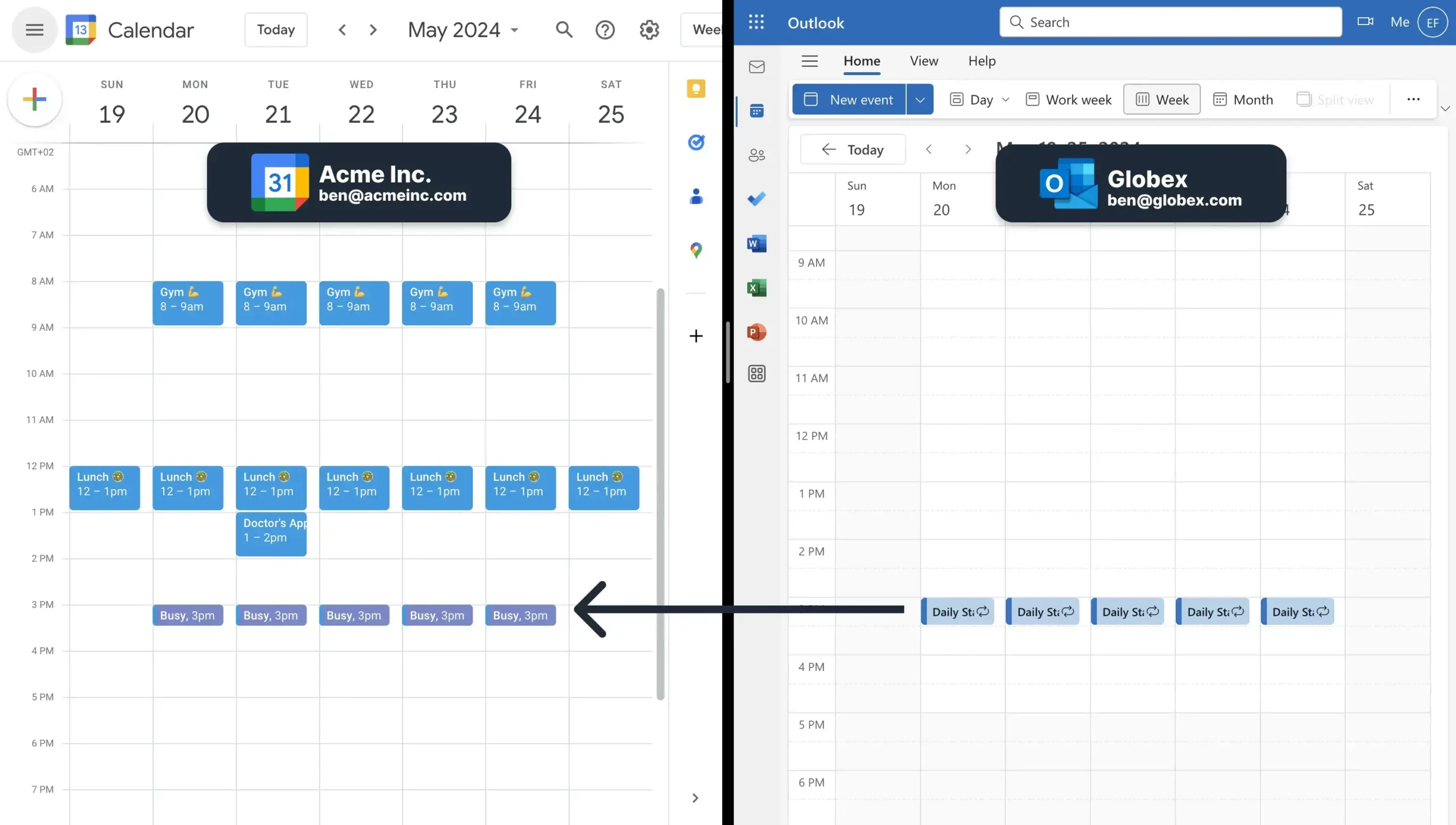 panel de tareas y eventos en Outlook