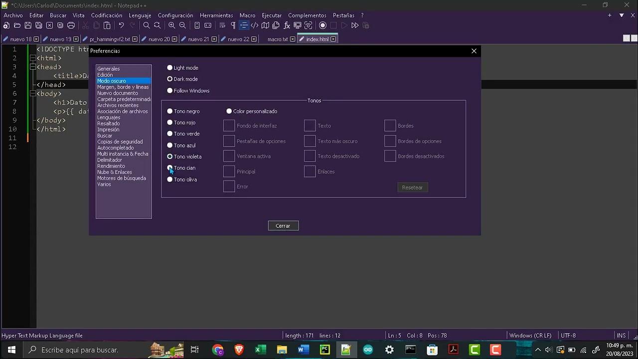 Temas y colores en Notepad++