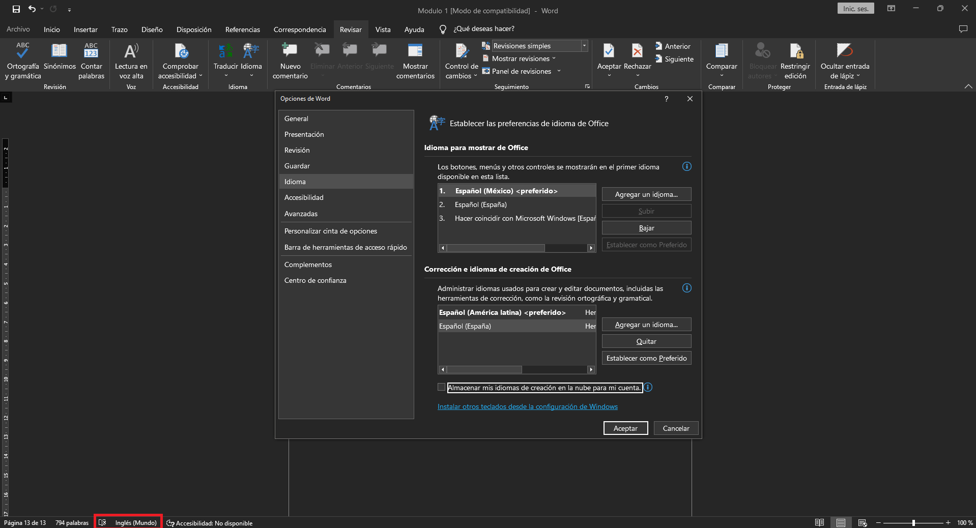 Ajustes del idioma de corrección en Word