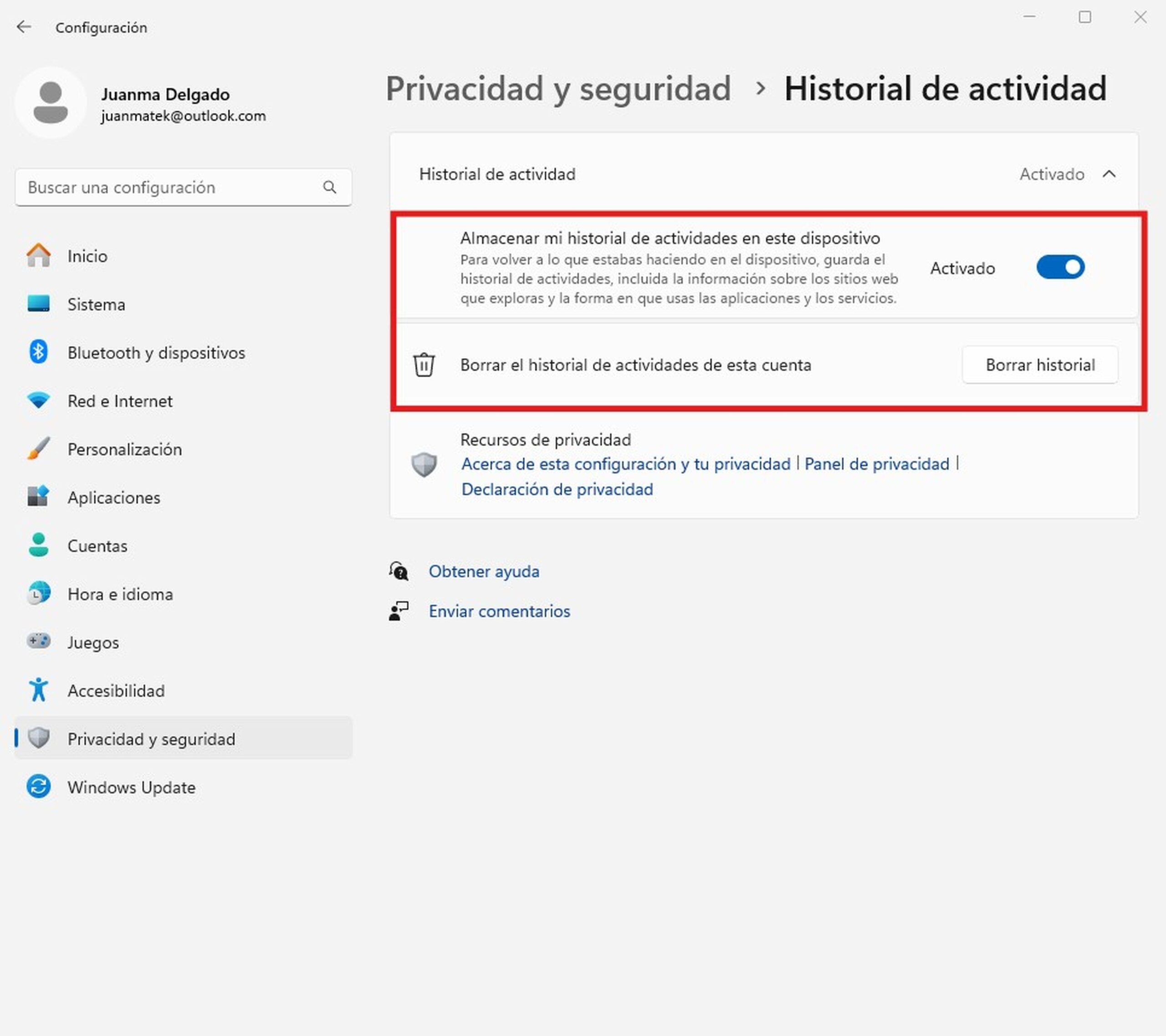 Cómo evitar que el historial de actividad se sincronice con tu cuenta en windows 11