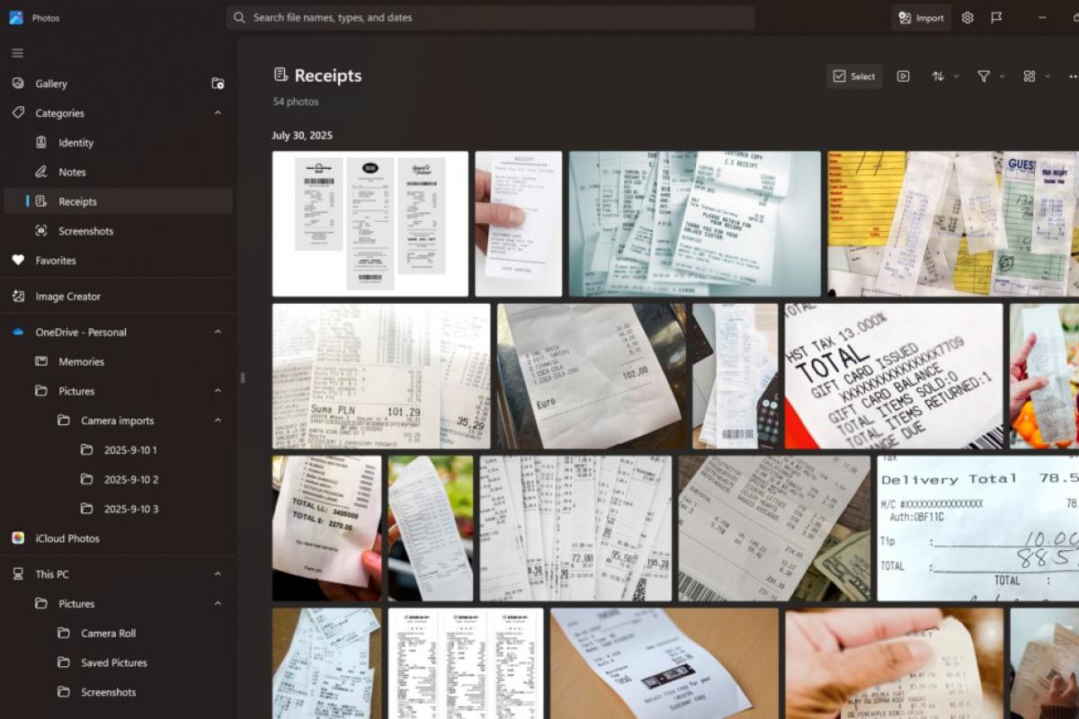 Interfaz de categorías en Microsoft Fotos