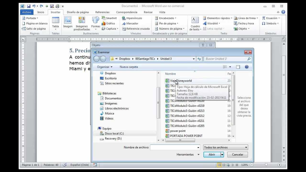 Insertar archivos en documentos (como objetos incrustados) en Office