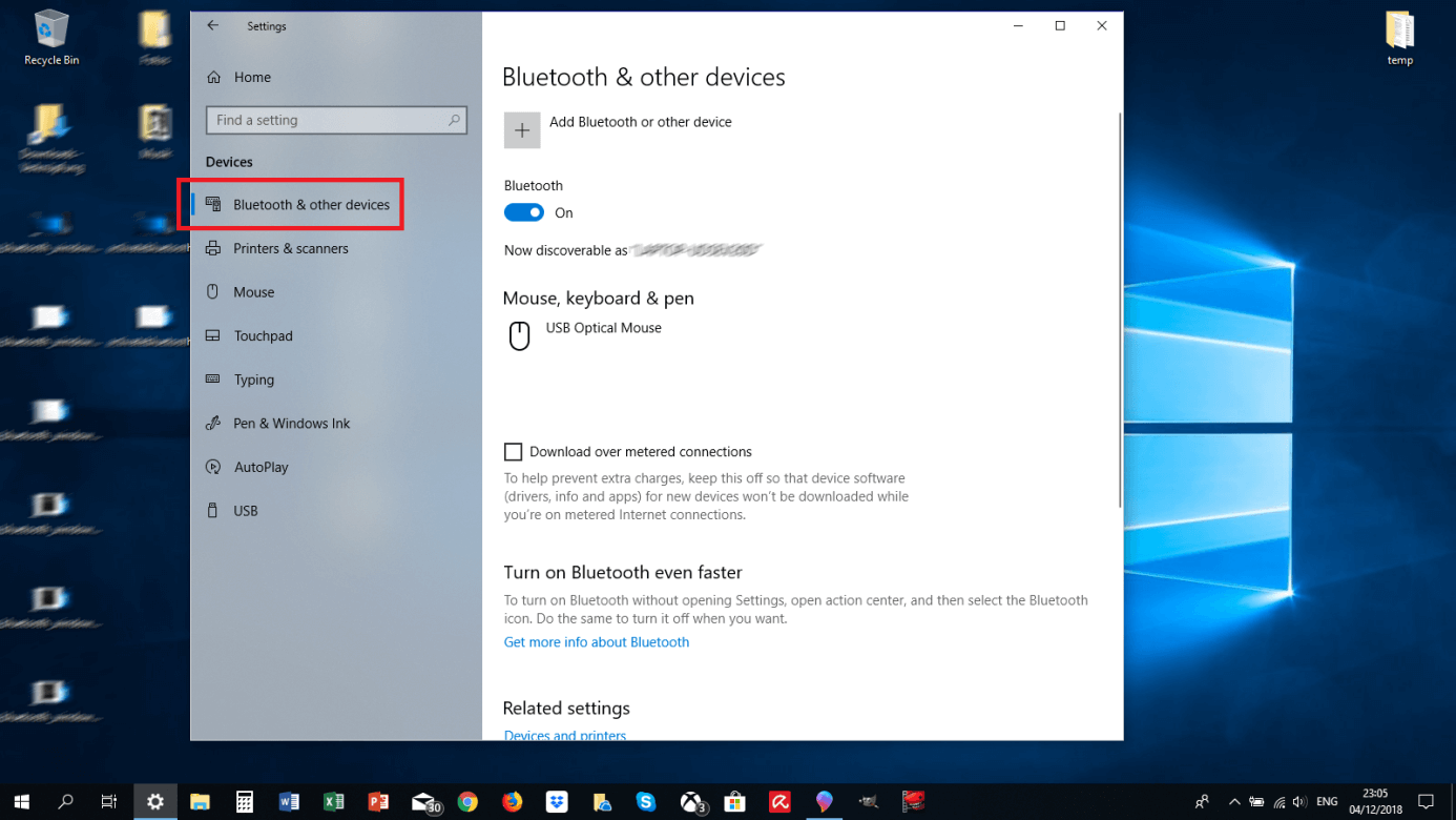 Opciones de Bluetooth en Windows