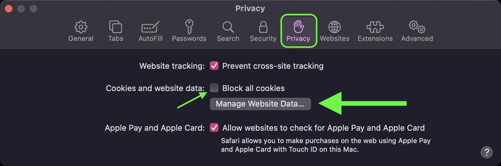 Bloquear cookies y limpiar datos en Safari