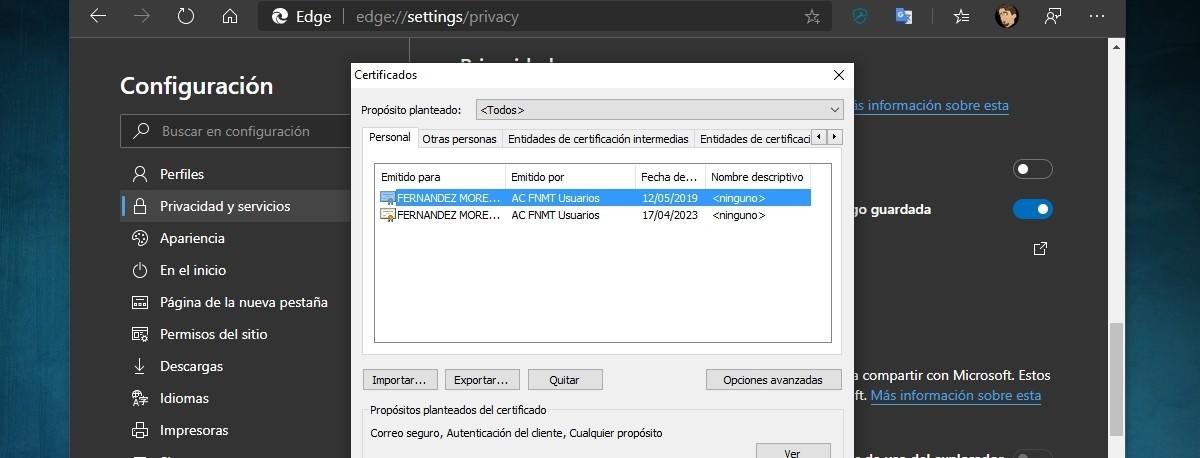 Selección de certificado en Internet Explorer