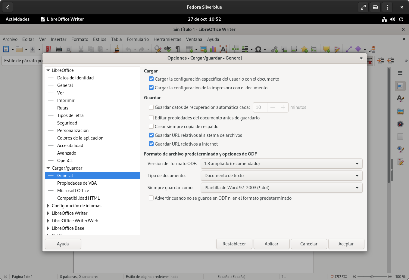 Ajustes de guardar como DOCX en LibreOffice