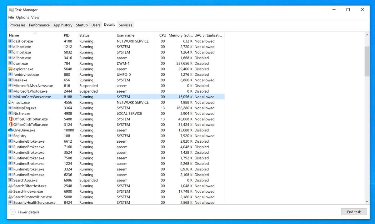 Proceso MoUsoCoreWorker.exe en Windows