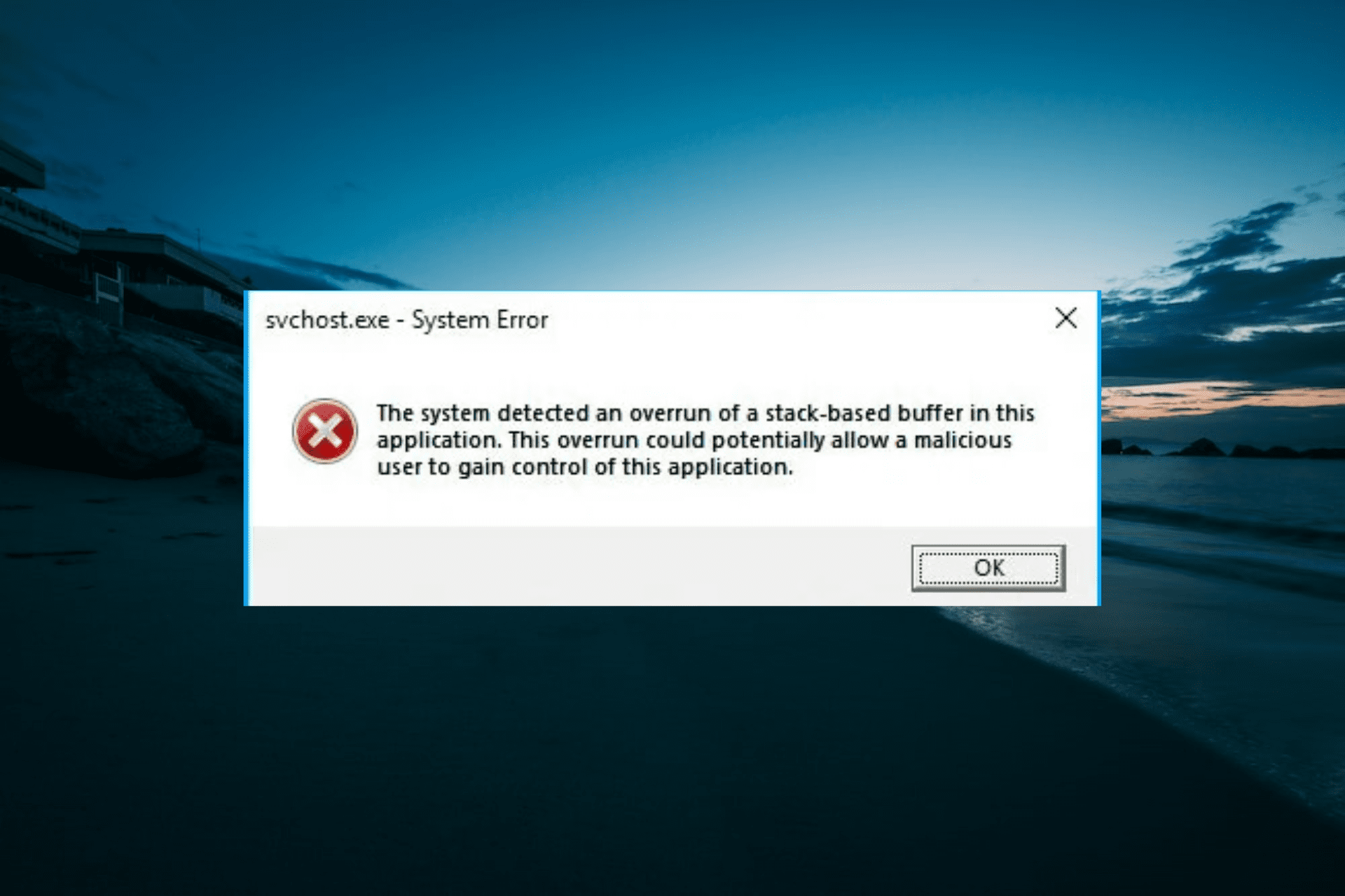 The system detected an overrun of a stack-based buffer