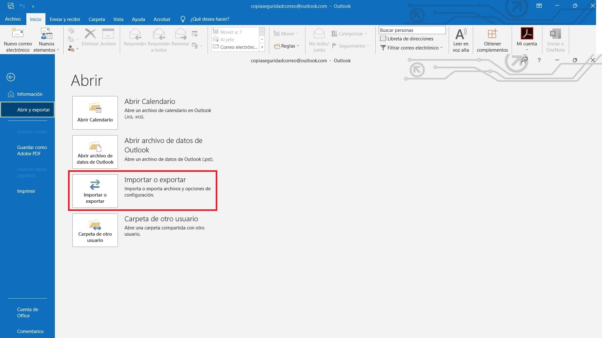 Exportar PST en Outlook clásico