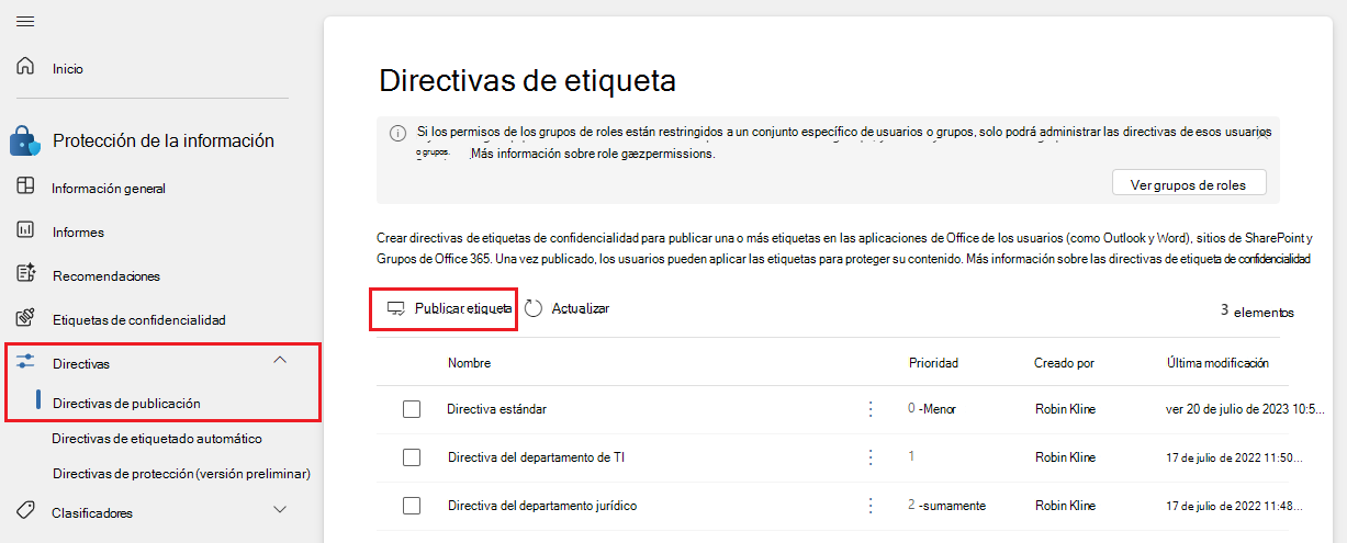 Publicación de etiquetas y políticas