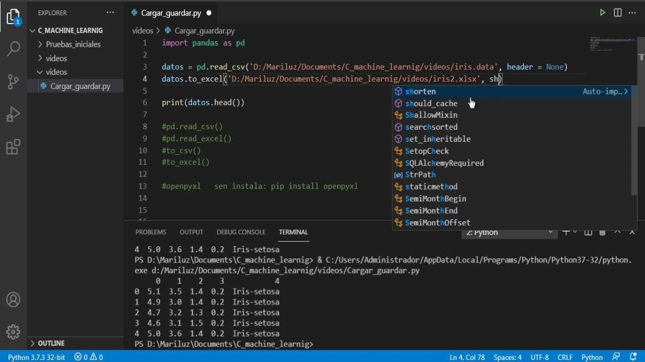 Instalación de pandas y openpyxl
