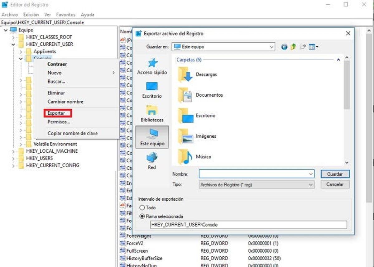 cómo exportar el registro de windows