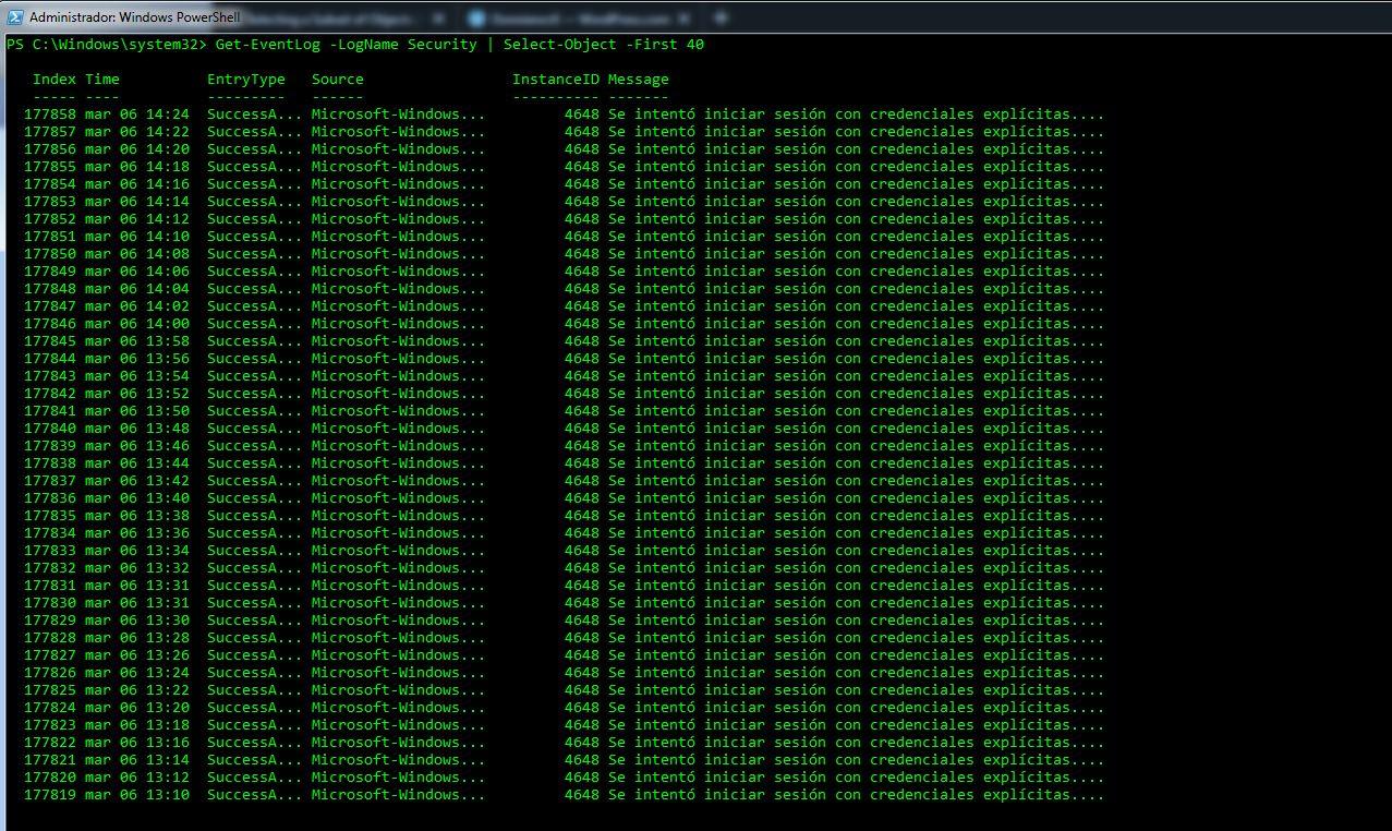 exportar logs y eventos en powershell