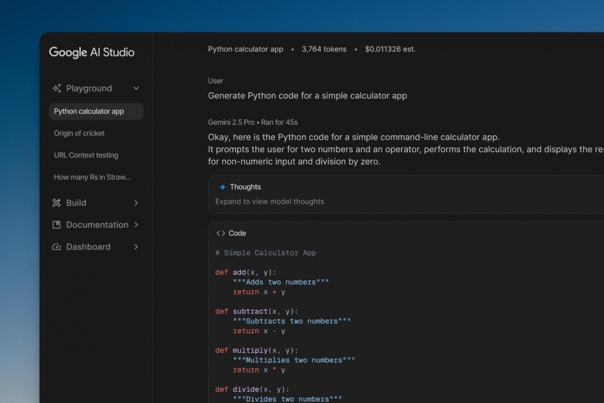 Vista de modelos y opciones en AI Studio
