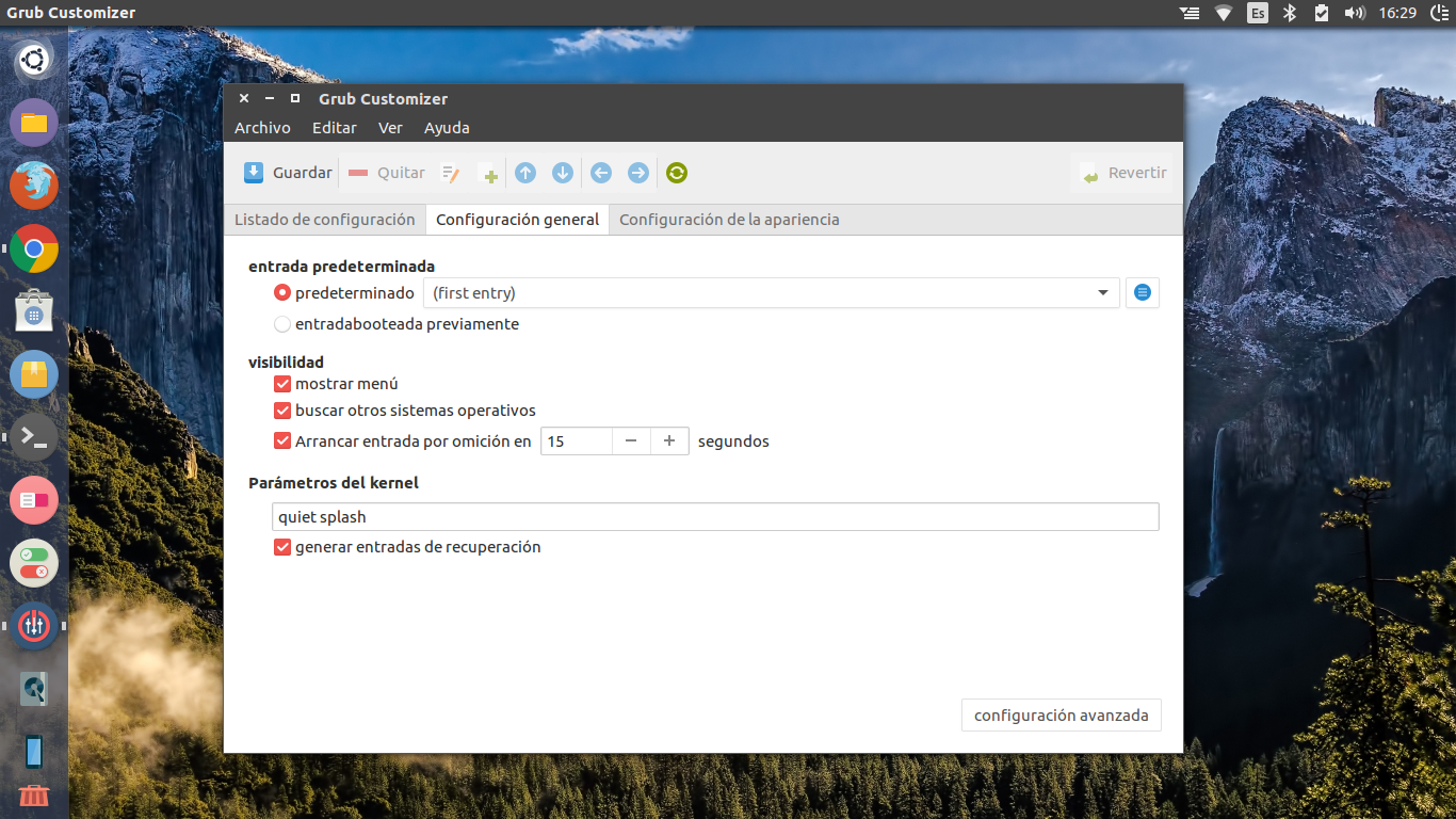 Opciones de GRUB timeout style y menu