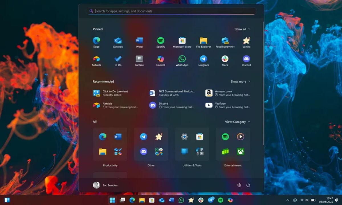 Secciones del menú Inicio: ancladas, todas las apps y recomendadas