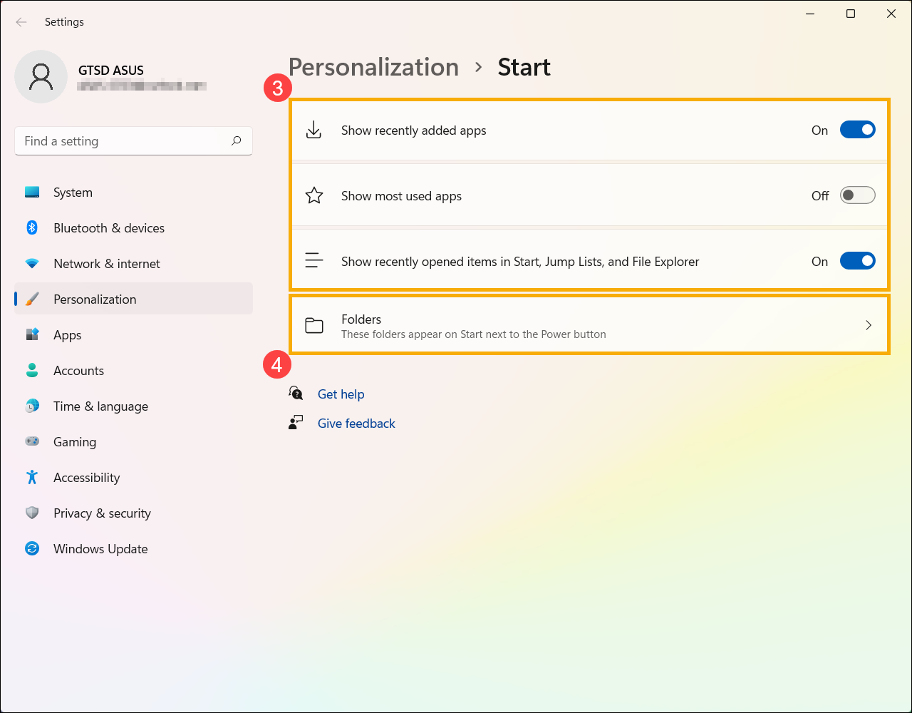 Carpetas junto al botón de encendido en Inicio