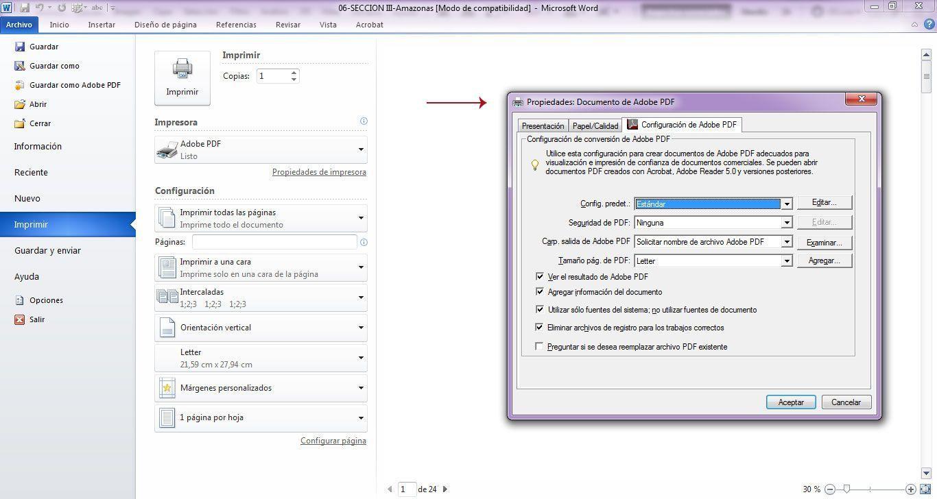 configuración de calidad de impresión en Word