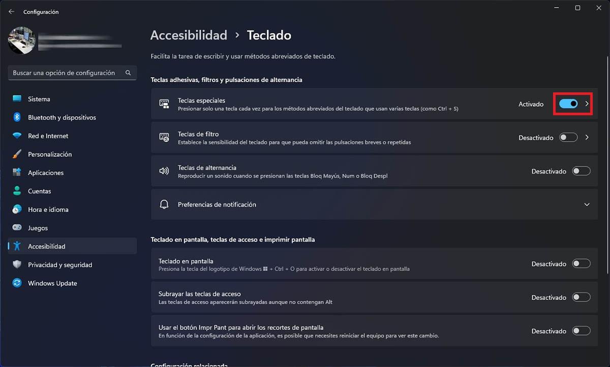 Desactivar Sticky Keys en Windows 11