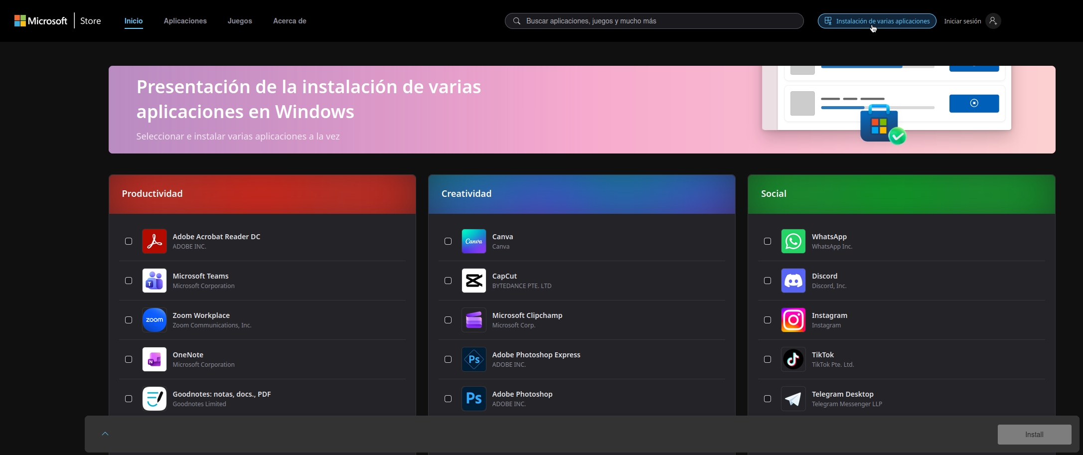 instalar varias apps a la vez en Microsoft Store