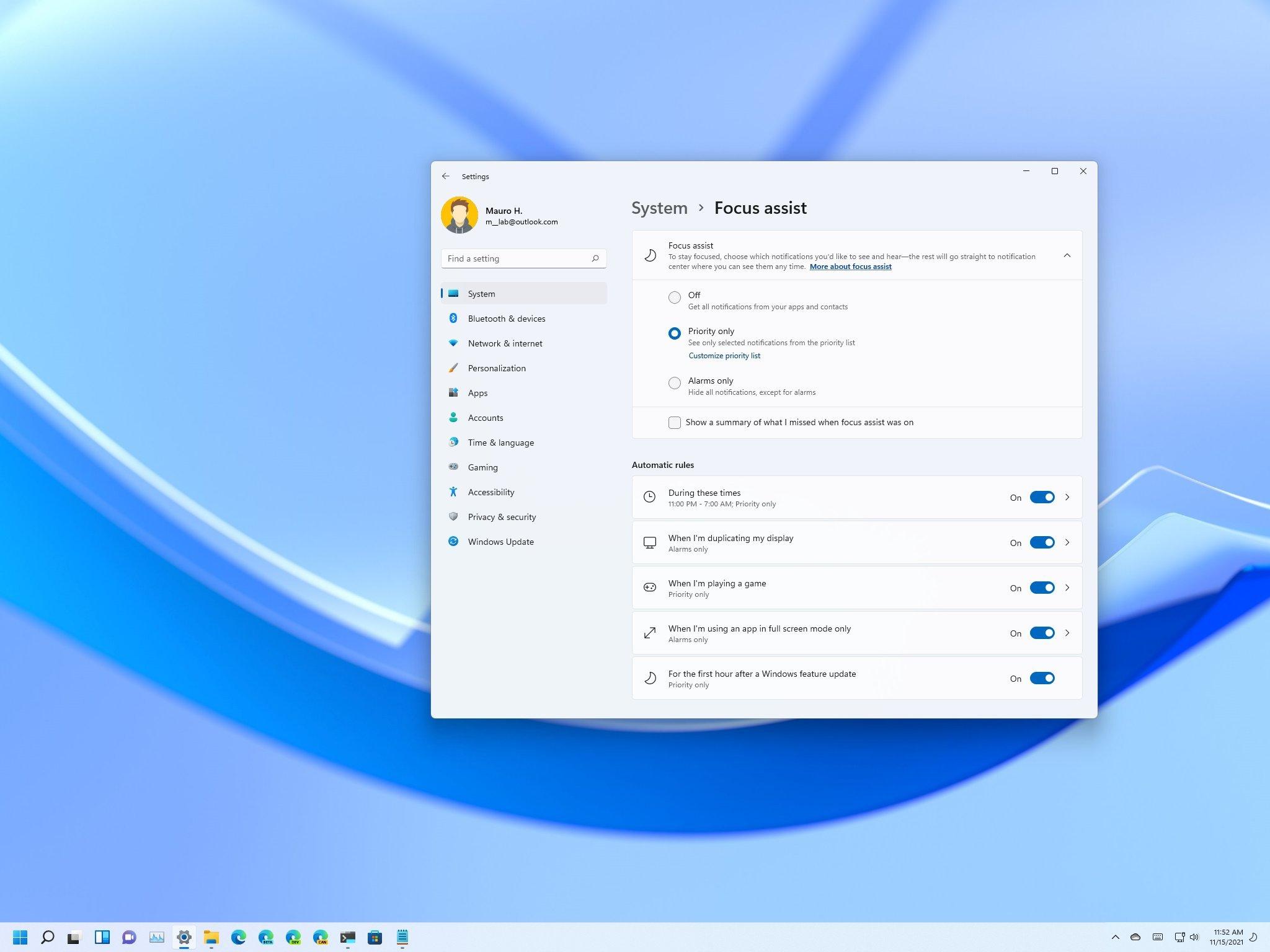 Opciones de Focus Assist en Windows