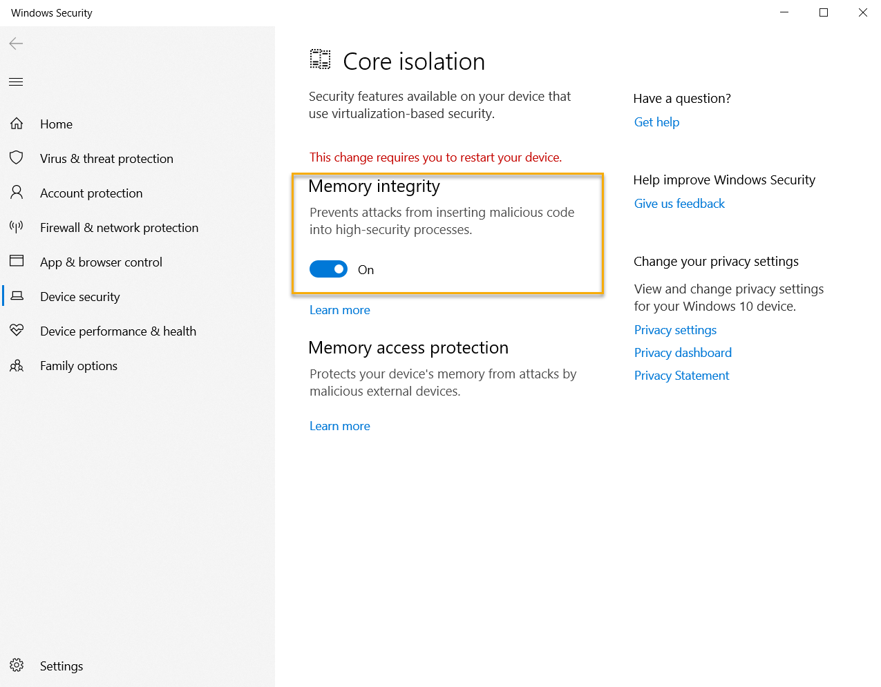 Integridad de memoria en Windows