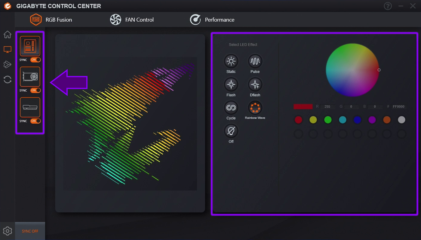 Interfaz de Gigabyte RGB Fusion 2.0
