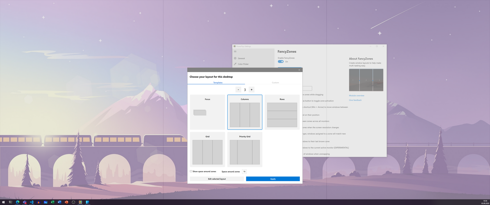Ejemplo de layout FancyZones para ultrawide
