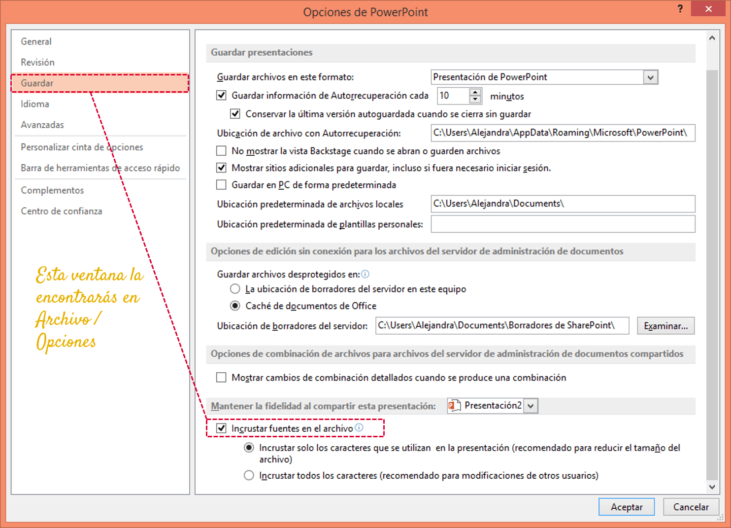 Incrustar fuentes en el archivo de PowerPoint Incrustar fuentes en el archivo de PowerPoint