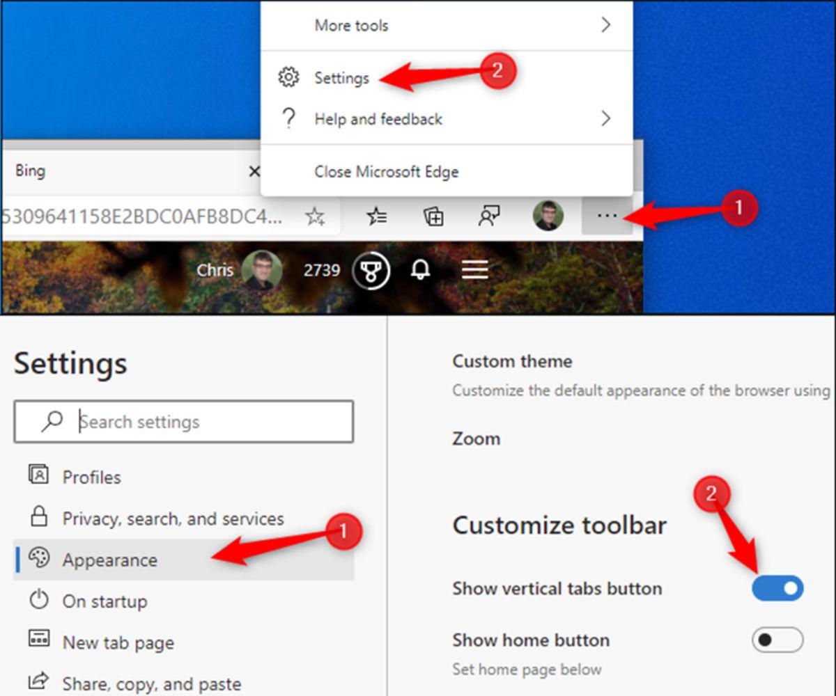 Ejemplo de pestañas verticales en Edge