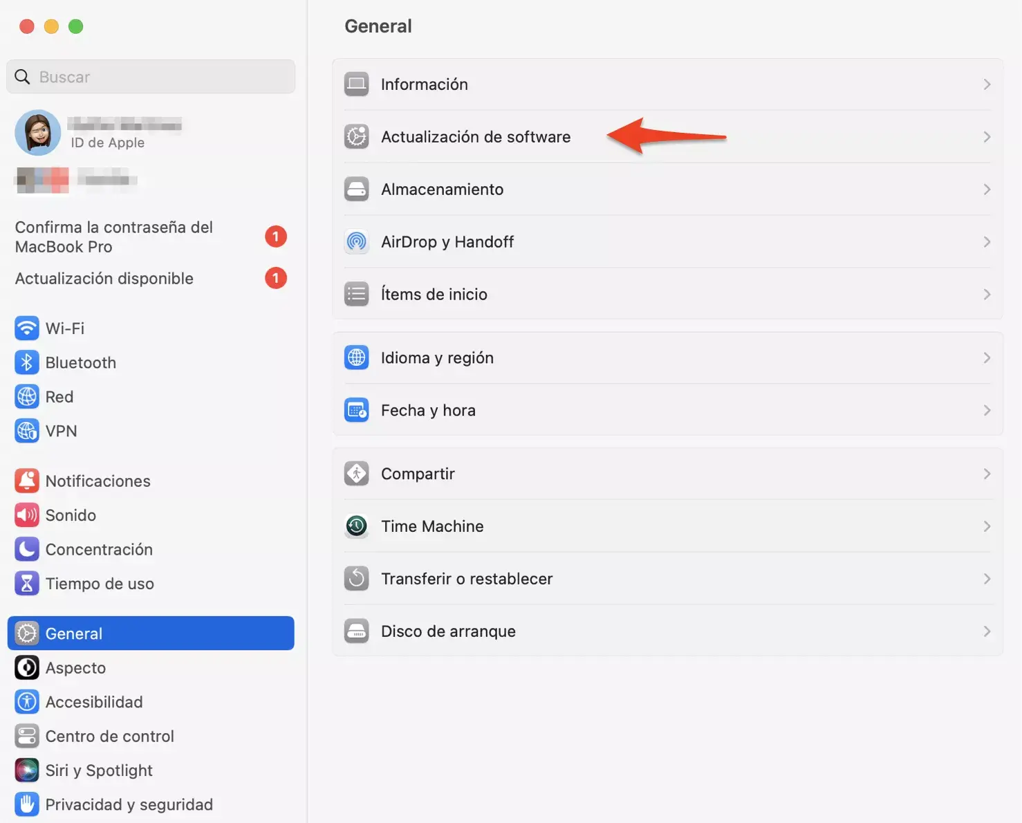 Panel de actualización de software en macOS Panel de actualización de software en macOS