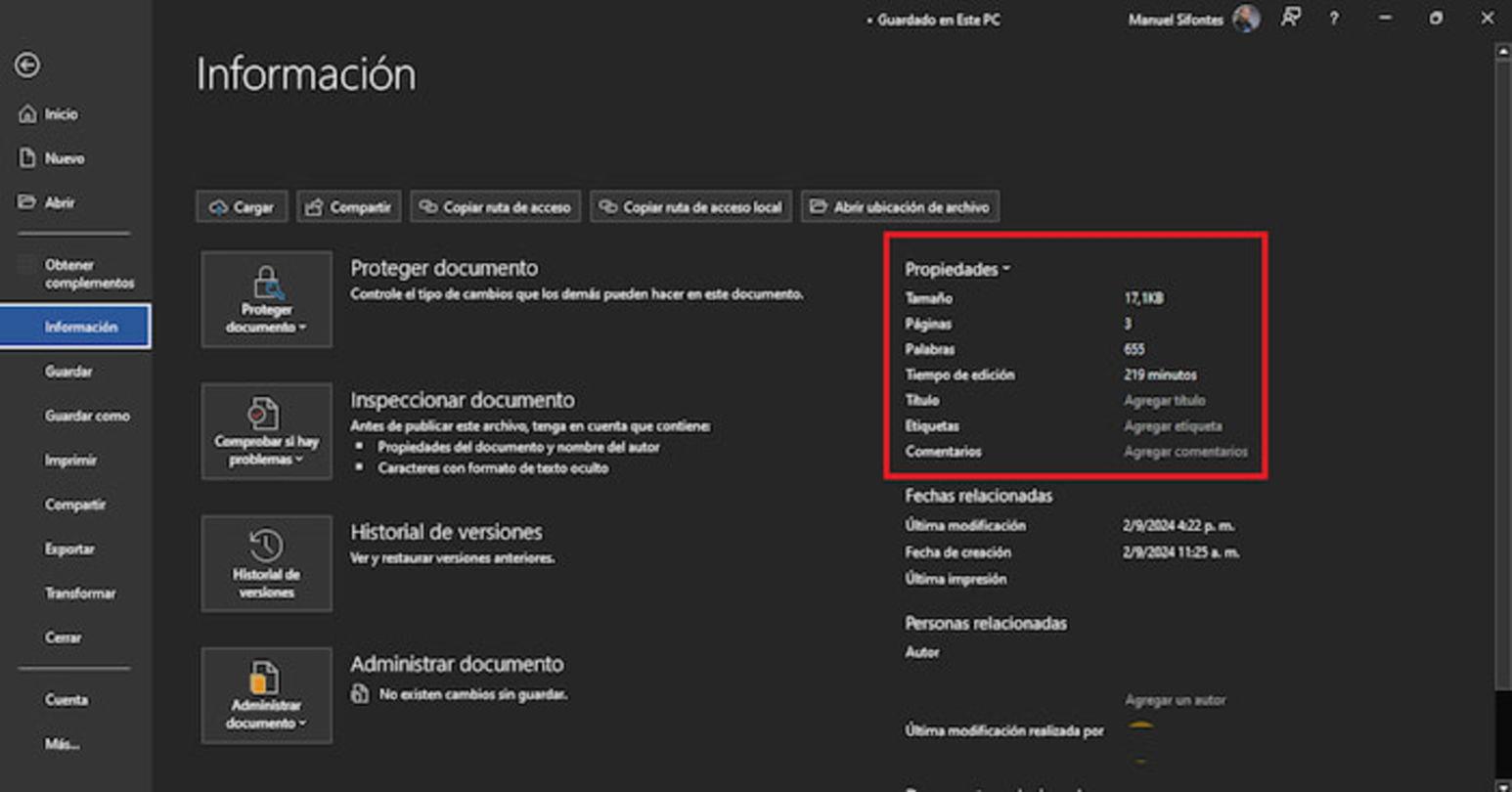 Consultar tamaño de documento Word o PowerPoint