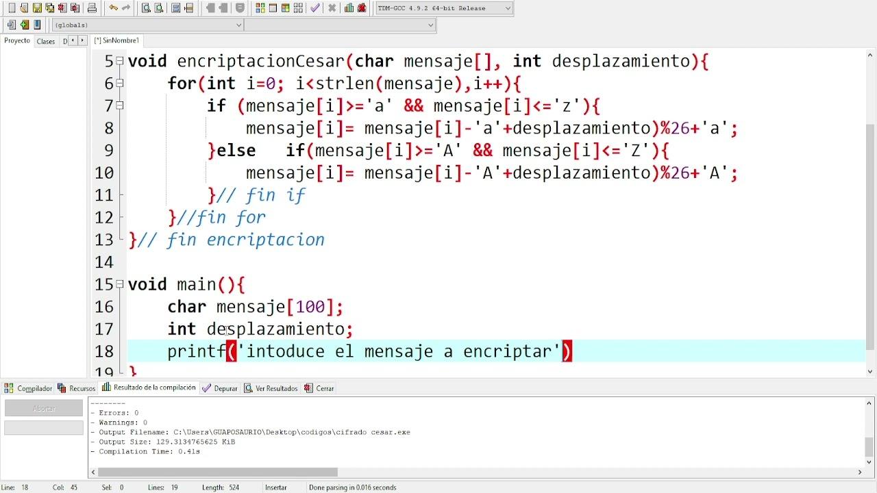 cómo crear un programa en C de cifrado y descifrado en código César