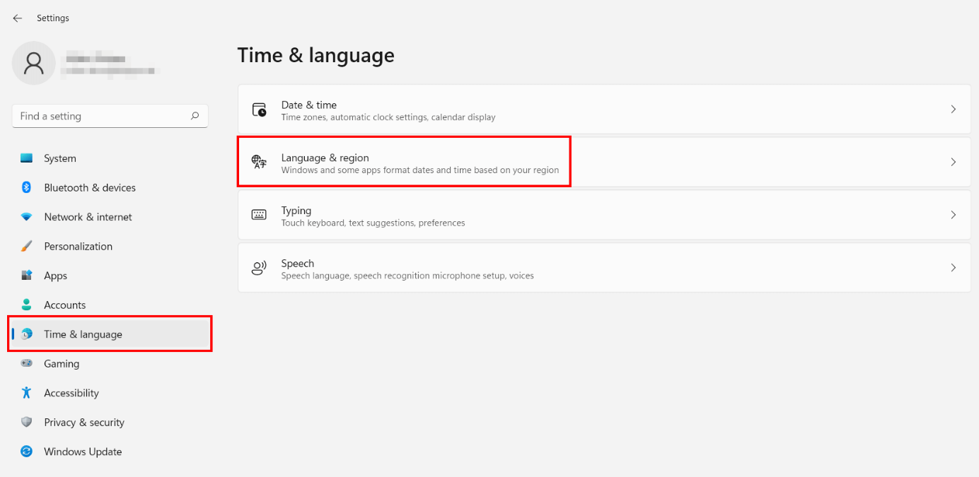 Menú idioma y región en Windows 11