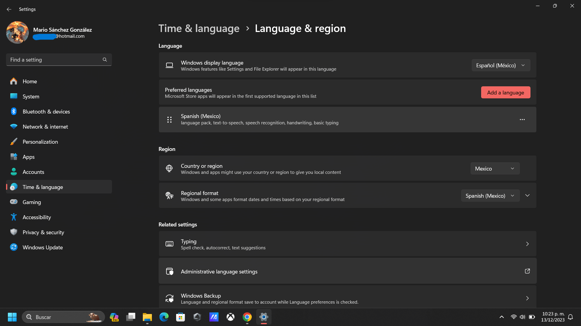 Opciones de idioma adicionales en Windows 11