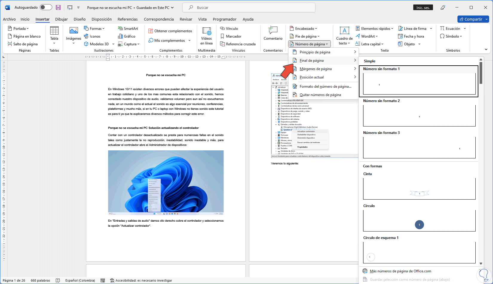 Configurar números de página por secciones en Word