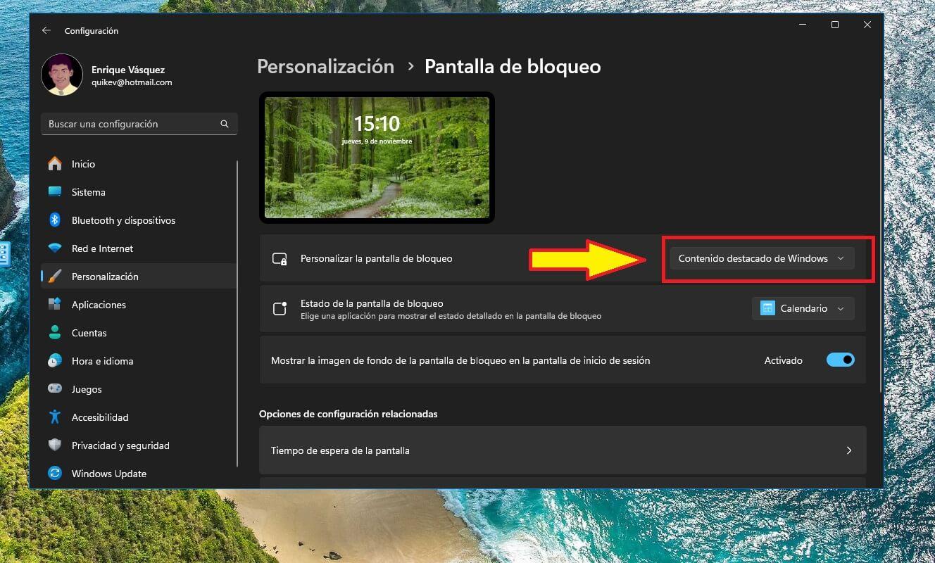 contenido destacado en escritorio windows 11