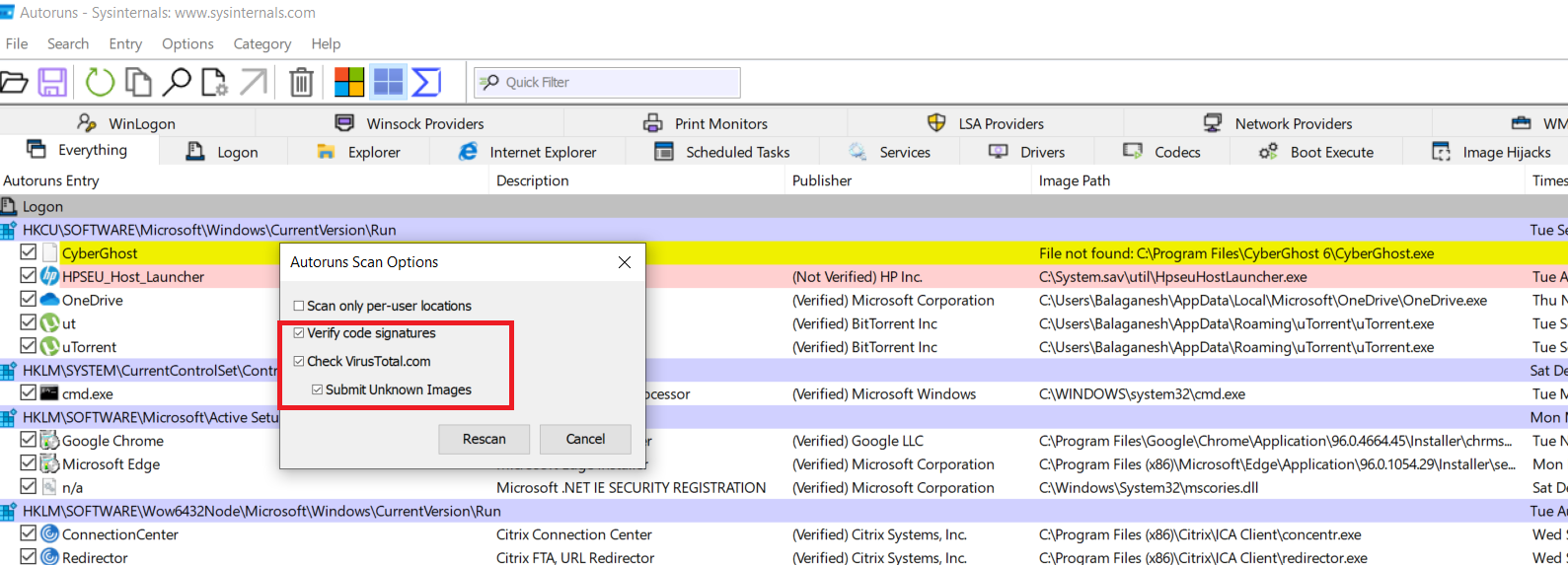 Interfaz de Autoruns mostrando entradas de inicio