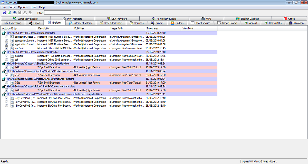 Herramienta Sysinternals Autoruns para detectar malware
