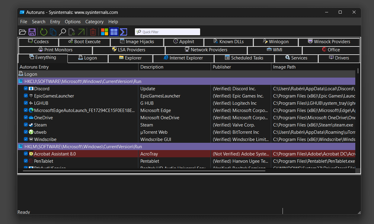 Filtrado de entradas en Autoruns Autoruns filtrando entradas de terceros