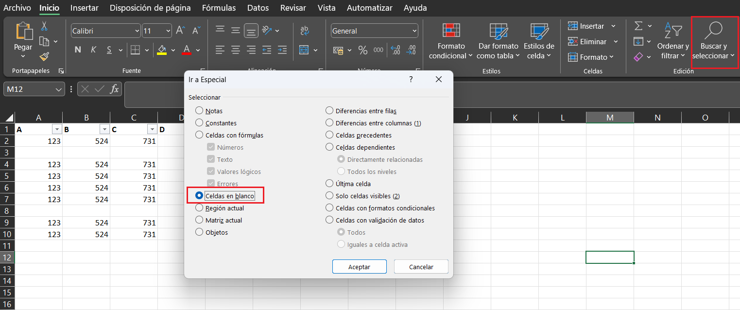 eliminar todas las celdas en blanco en excel
