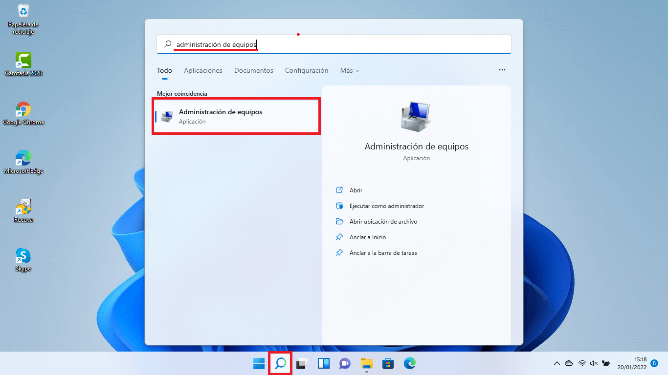 Opciones de administración en Windows 11