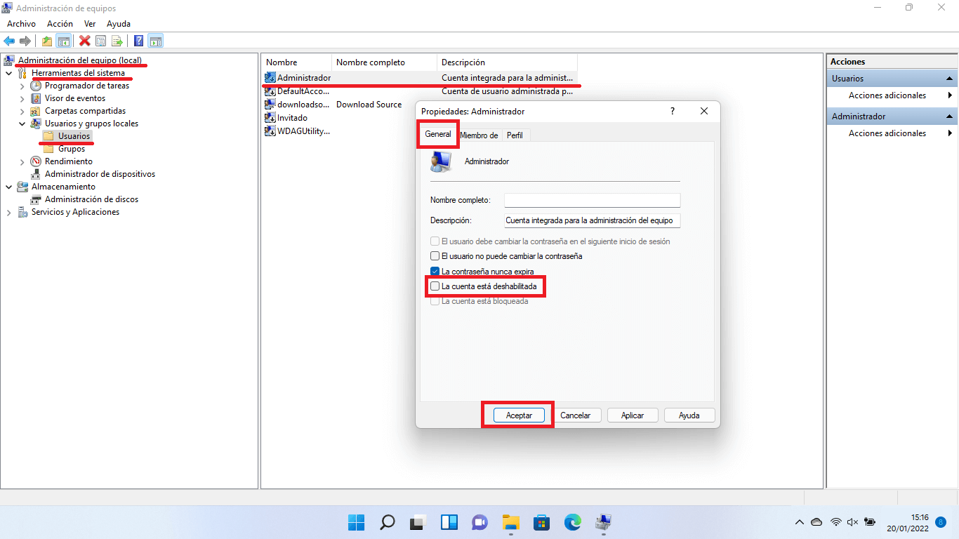 Opciones de administrador en Windows 11