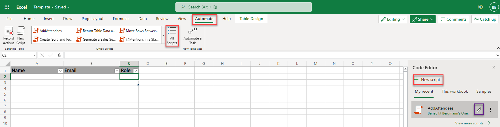 Editor de código de Office Scripts