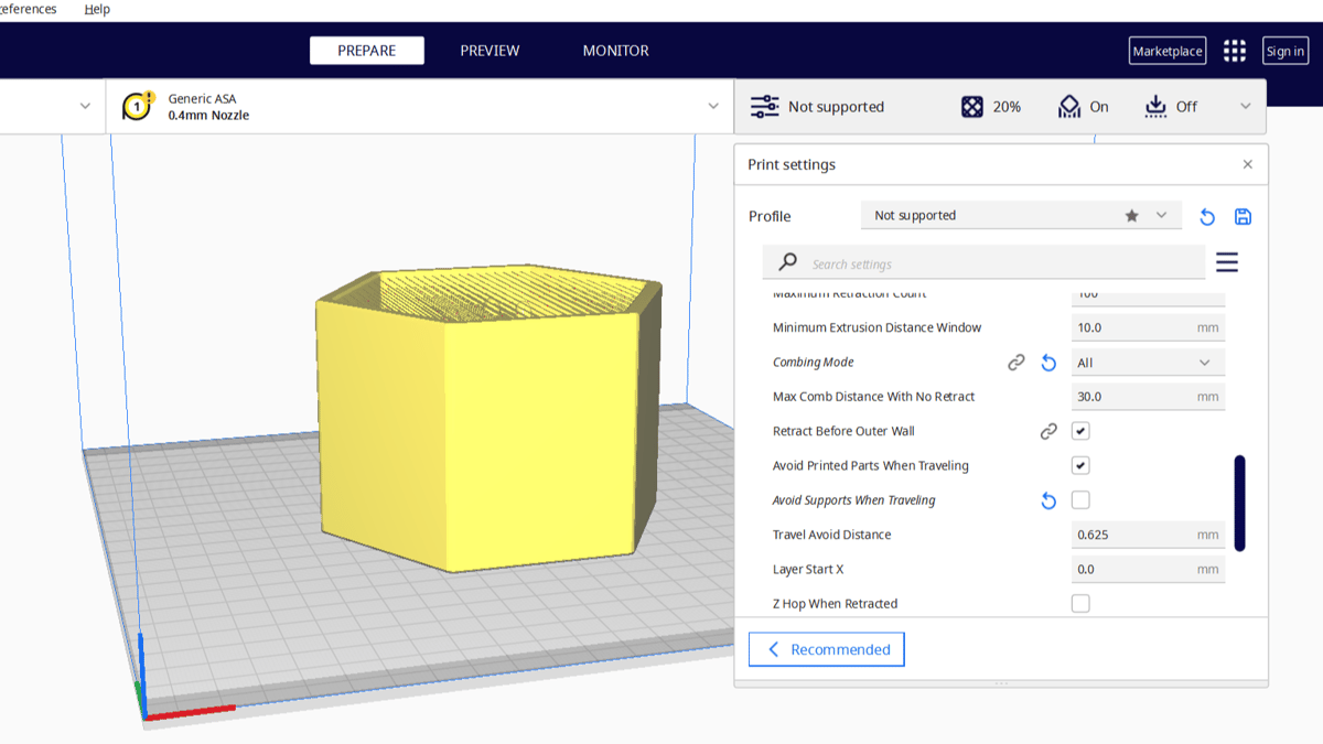Configuración combing mode en Cura