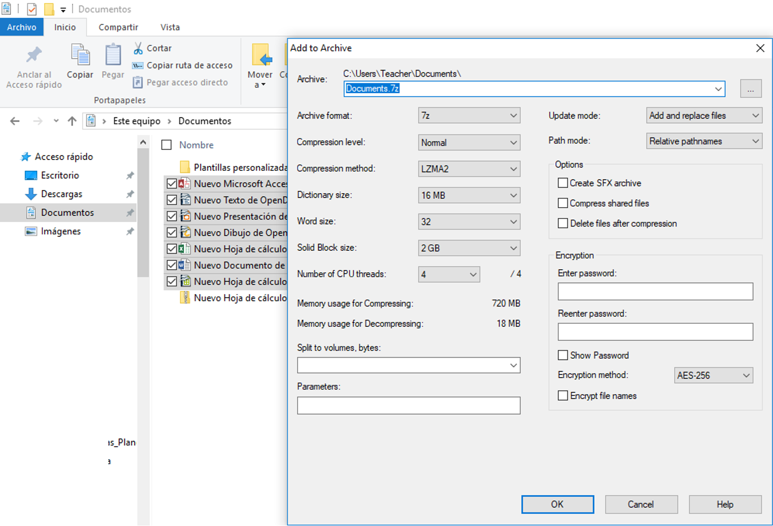 Ajustes avanzados de 7-Zip