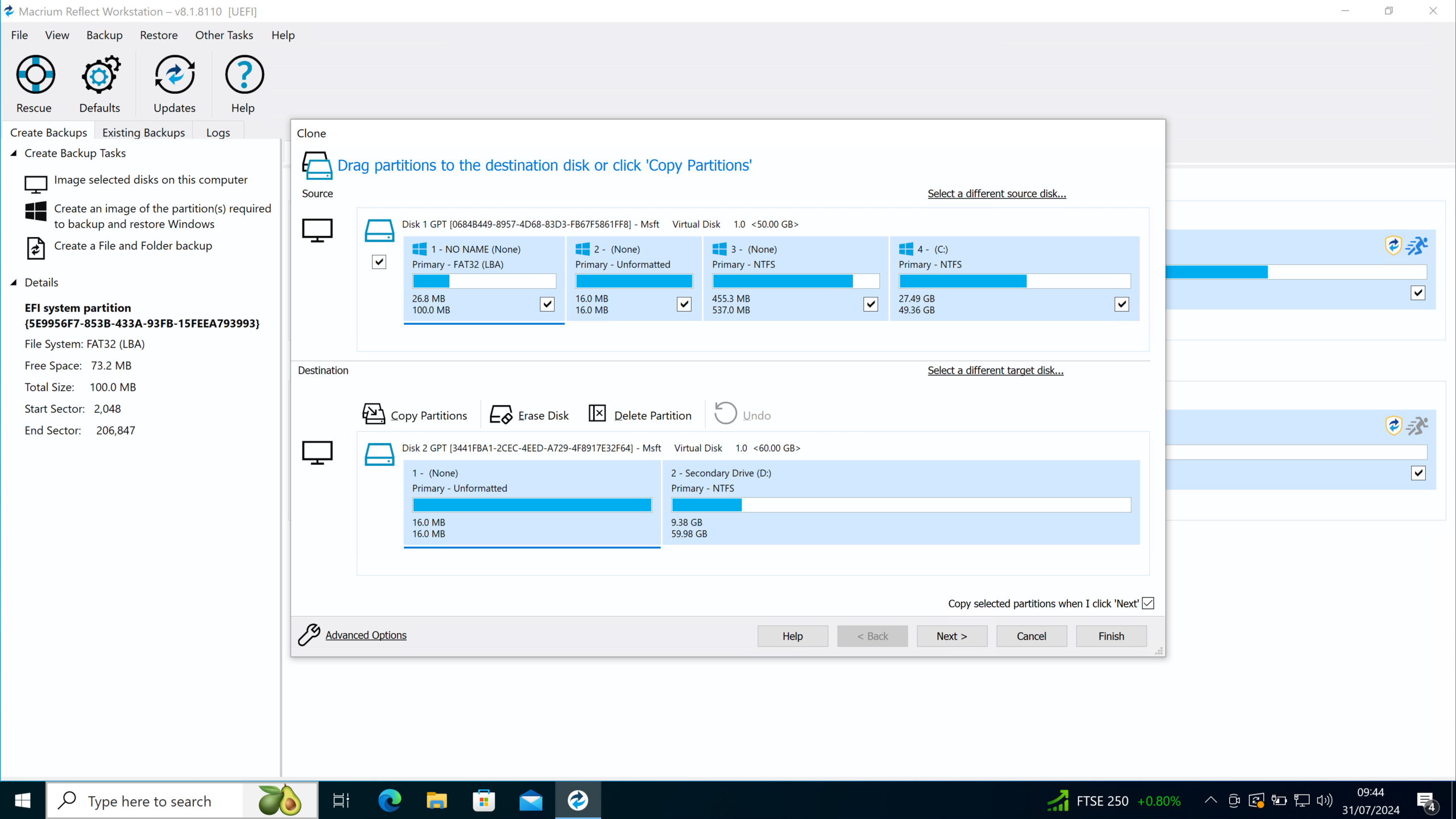 Interfaz de Macrium Reflect para copias avanzadas