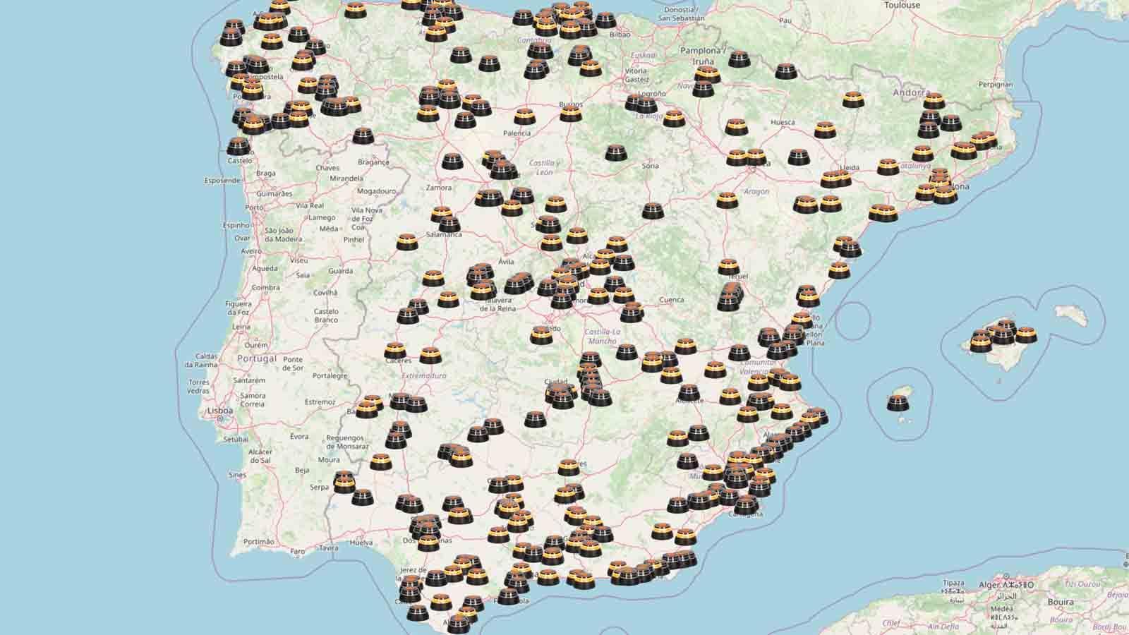Detalle de balizas V16 activas en mapa de España Detalle de balizas V16 activas en mapa de España
